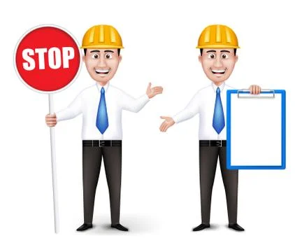 Set of Realistic Engineers or Workers Characters With Yellow Safety Helmet Stock Illustration