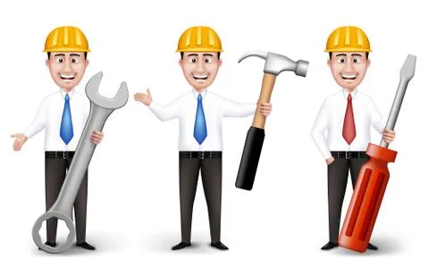 Set of Realistic Engineers or Workers Characters With Yellow Safety Helmet Stock Illustration