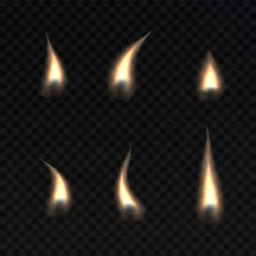 Set of realistic fire flame and candle flame elements isolated on black Stock Illustration