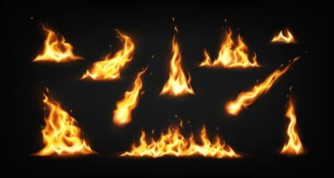 Set of Realistic Fire Flames on Black Background Stock Illustration