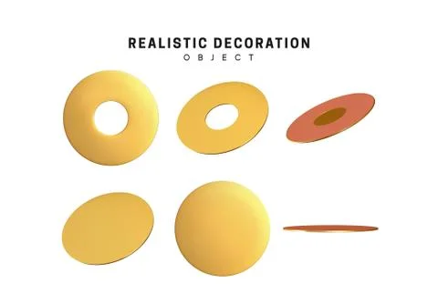 Set Realistic geometric shapes flat round elements with hole, gold color Stock Illustration