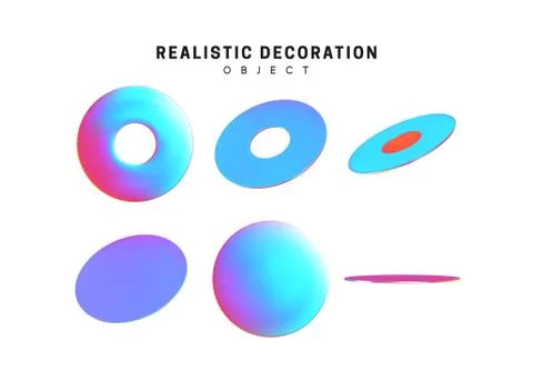 Set Realistic geometric shapes flat round elements with hole, with holographic Illustrazione stock