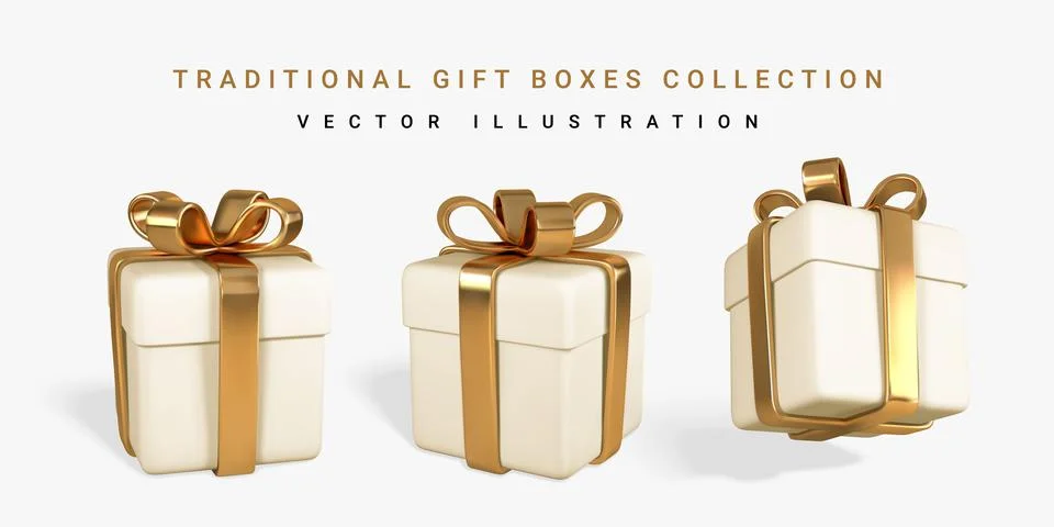 Set of realistic gift boxes with golden bow isolated on white background. Vec Stock Illustration