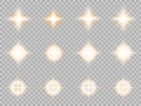 Set of realistic golden glow elements with soft light rays and starburst shap Illustrazione stock