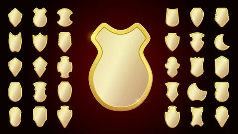 Set of realistic golden heraldic shields. Glass and glossy shield collection. Stock Illustration