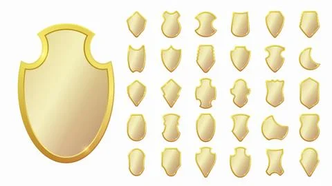Set of realistic golden heraldic shields. Glass and glossy shield collectio.. Stock Illustration