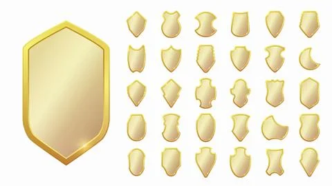 Set of realistic golden heraldic shields. Glass and glossy shield collectio.. Illustrazione stock