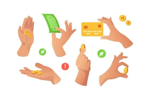 Set of realistic hands performing financial transactions. Coins and bills, bank Stock Illustration