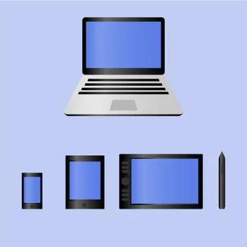 Set of realistic laptop, tablet computer and mobile phone graphic pen tablet for Stock Illustration