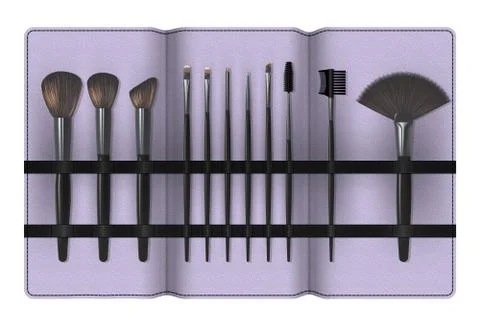 A Set of Realistic Make Up Brushes in a Case Isolated on white background. Stock Illustration