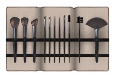 A Set of Realistic Make Up Brushes in a Case Isolated on white background. Stock Illustration