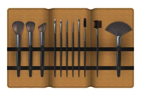 A Set of Realistic Make Up Brushes in a Case Isolated on white background. Stock Illustration