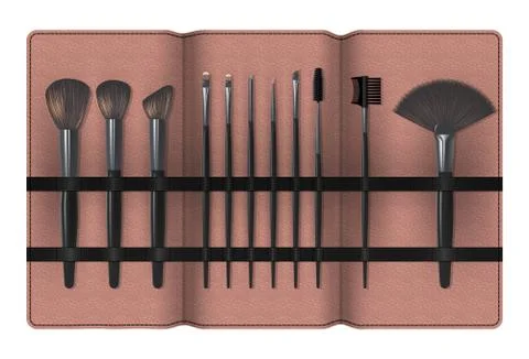 A Set of Realistic Make Up Brushes in a Case Isolated on white background. Stock Illustration
