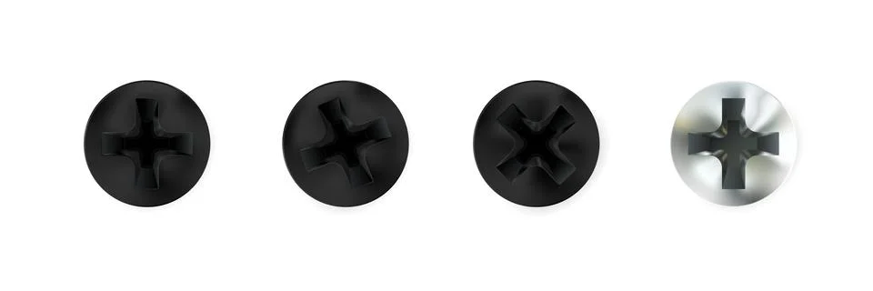 Set realistic metal self-tapping screws, heads, black bolt caps. Stock Illustration