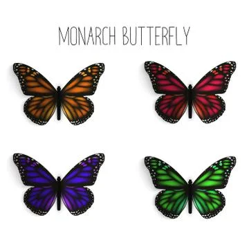 Set of realistic monarch butterflies in different colors. Illustrazione stock