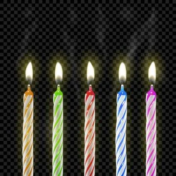 Set of realistic multi-colored candles, realistic fire and smoke, transparency Stock Illustration