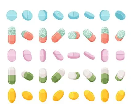 Set of realistic pills, tablets and capsules. 3D isometric flat drugs. Mockup Stock Illustration