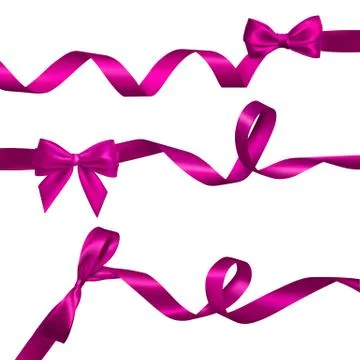 Set of Realistic pink bow with long curled pink ribbon. Element for decoratio Stock Illustration