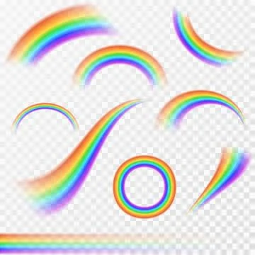 Set of realistic rainbows in different shape on transparent background Stock Illustration