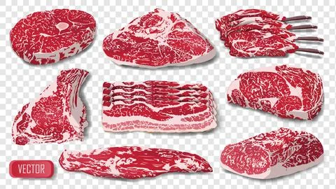 Set of realistic raw meat isolated. Cow pork steak grill food beef vector Stock Illustration