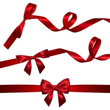 Set of Realistic red bow with long curled red ribbon. Element for decoration  Stock Illustration