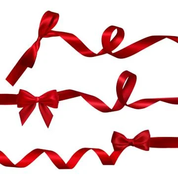 Set of Realistic red bow with long curled red ribbon. Element for decoration  Illustrazione stock