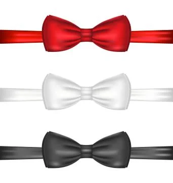 Set realistic red, white and black bow ties, isolated on white background Illustrazione stock