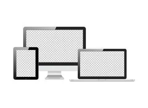 Set of realistic screen transparent computer monitors, laptops, tablets. Illustrazione stock
