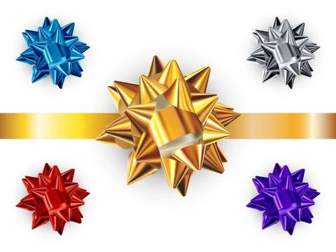 Set of realistic shiny vector bows isolated on white background. Golden, silv Stock Illustration