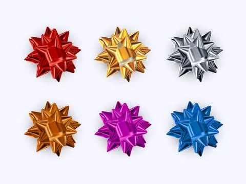 Set of realistic shiny vector bows isolated on white background. Golden, silv Illustrazione stock