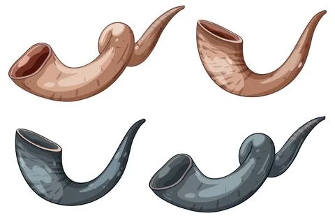 Set of Realistic Shofar Horn Vector Illustrations Stock Illustration