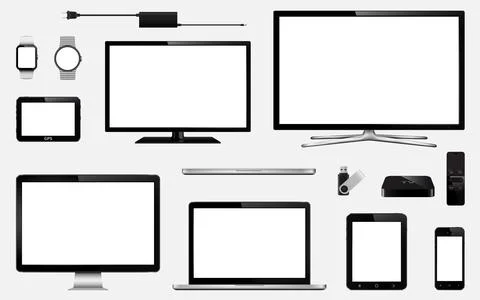 Set of realistic smart tv, computer monitors, laptops, tablet, mobile phone,  Stock Illustration