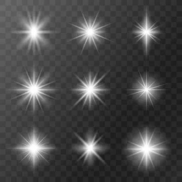 Set of realistic stars with bright rays of light Illustrazione stock