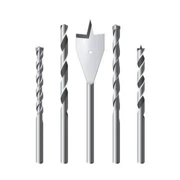 Set of realistic steel Drill Bits  Vector illustration isolated on white back Stock Illustration