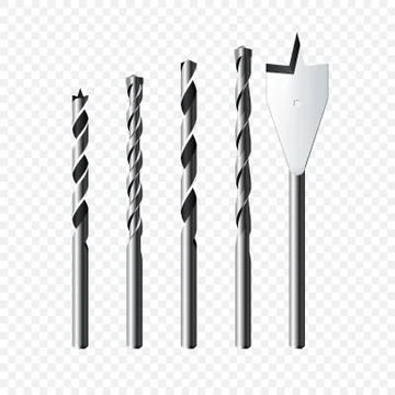 Set of realistic steel Drill Bits. Vector illustration isolated on transparen Stock Illustration