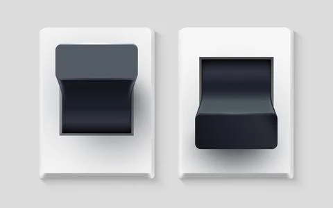 Set of realistic toggle switches in on and off positions. Plastic button. Illustrazione stock