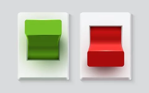 Set of realistic toggle switches in on and off positions. Plastic button. Stock Illustration