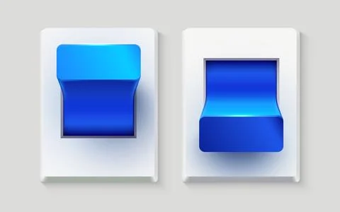 Set of realistic toggle switches in on and off positions. Plastic button. Illustrazione stock