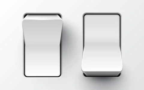 Set of realistic toggle switches in on and off positions. Plastic button. Stock Illustration