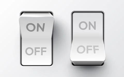 Set of realistic toggle switches in on and off positions. Plastic button. Stock Illustration