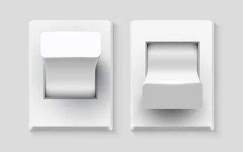 Set of realistic toggle switches in on and off positions. Plastic button. Stock Illustration