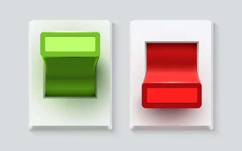 Set of realistic toggle switches in on and off positions. Plastic button. Stock Illustration