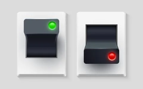 Set of realistic toggle switches in on and off positions. Plastic button. Stock Illustration