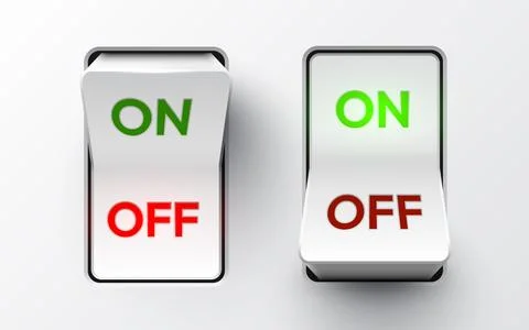 Set of realistic toggle switches in on and off positions. Plastic button. Stock Illustration
