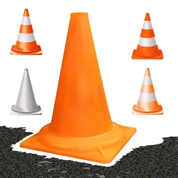 Set realistic traffic cone orange color isolated on white background. Stock Illustration