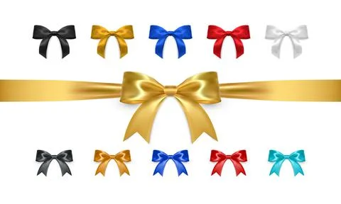 Set of realistic vector bows isolated on white background. Golden, white, bla Stock-Illustration