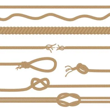 Set of realistic vector brown ropes and knots brushes isolated. Stock Illustration