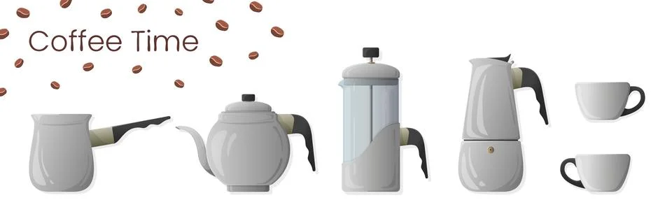 Set of realistic vector of coffee preparation. Cezve, coffee kettle, french p Stock Illustration