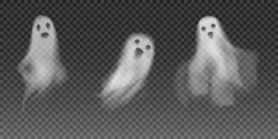 Set of realistic vector ghosts. 3d smokes looking like night ghouls. Halloween Illustrazione stock