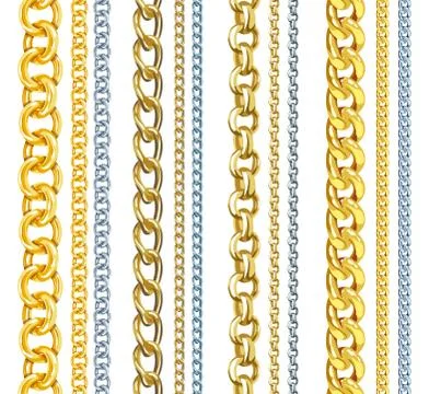 Set of realistic vector gold and silver chains Stock Illustration